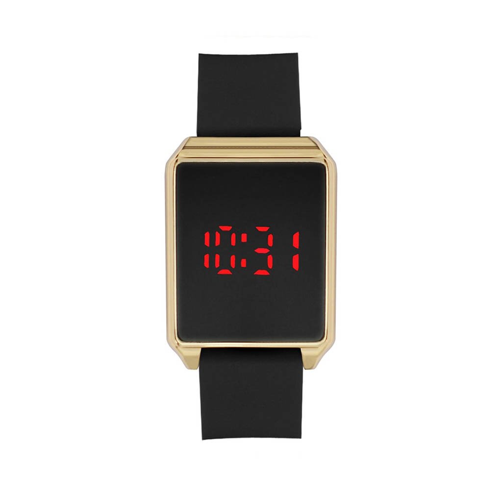 Selma Touch LED Watch featuring a black rubber band and gold alloy case, showcasing a modern and stylish design.