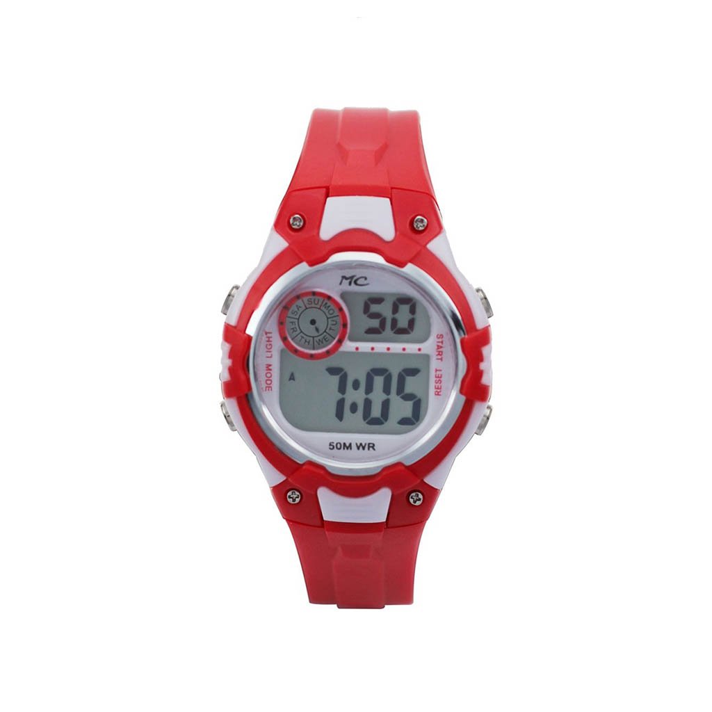 Seterfoss Montres Carlo Red 3ATM Sports Digital Watch with silicon case and band, showcasing a vibrant red digital display.