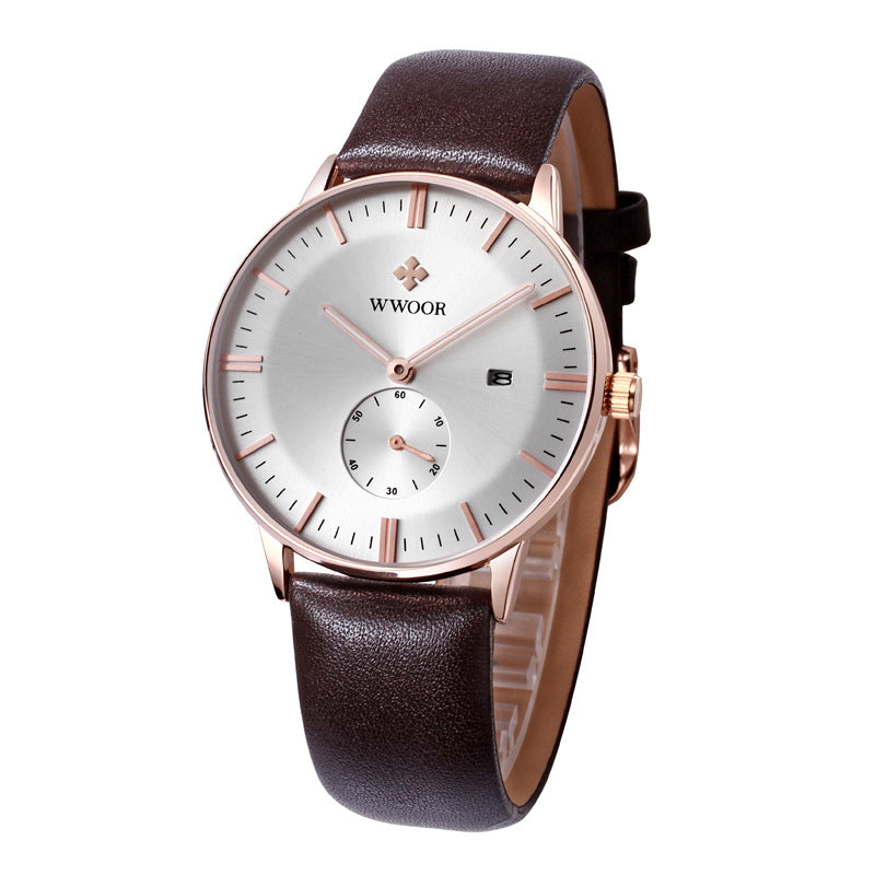 Simple Casual Leather Belt Men's Watch featuring a luminous display, calendar function, and a durable stainless steel buckle.