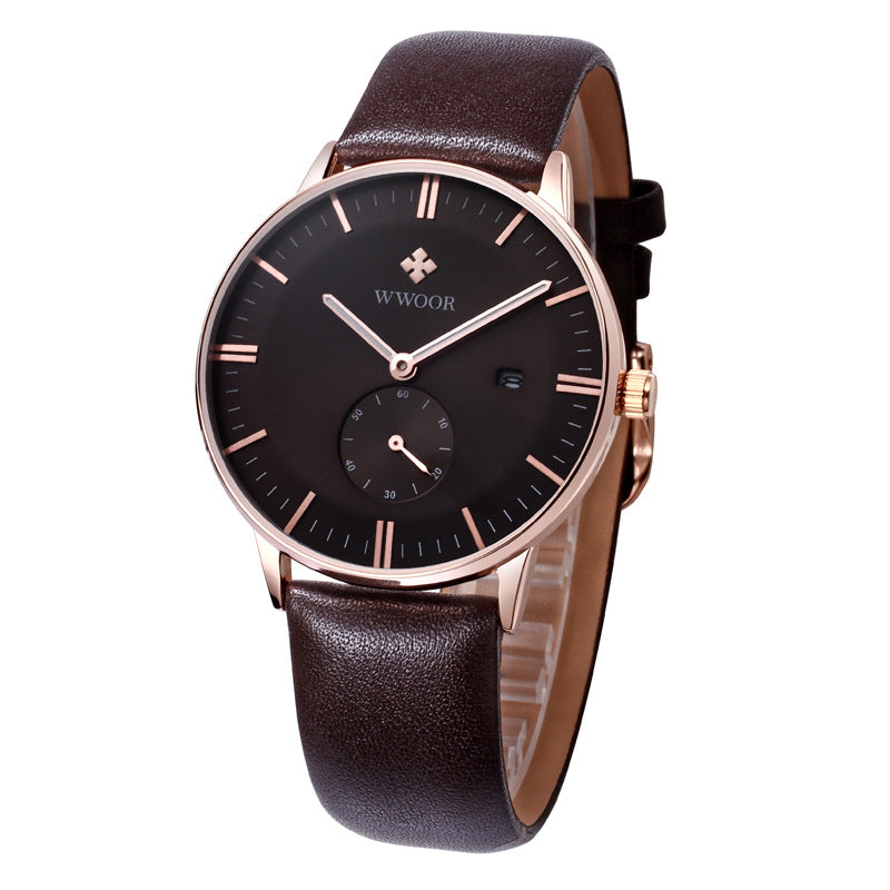 Simple Casual Leather Belt Men's Watch featuring a luminous display, calendar function, and a durable stainless steel buckle.