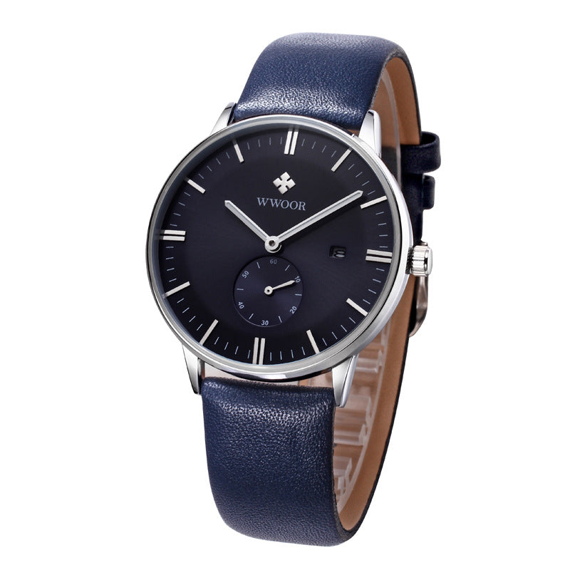 Simple Casual Leather Belt Men's Watch featuring a luminous display, calendar function, and a durable stainless steel buckle.