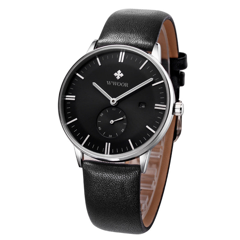 Simple Casual Leather Belt Men's Watch featuring a luminous display, calendar function, and a durable stainless steel buckle.