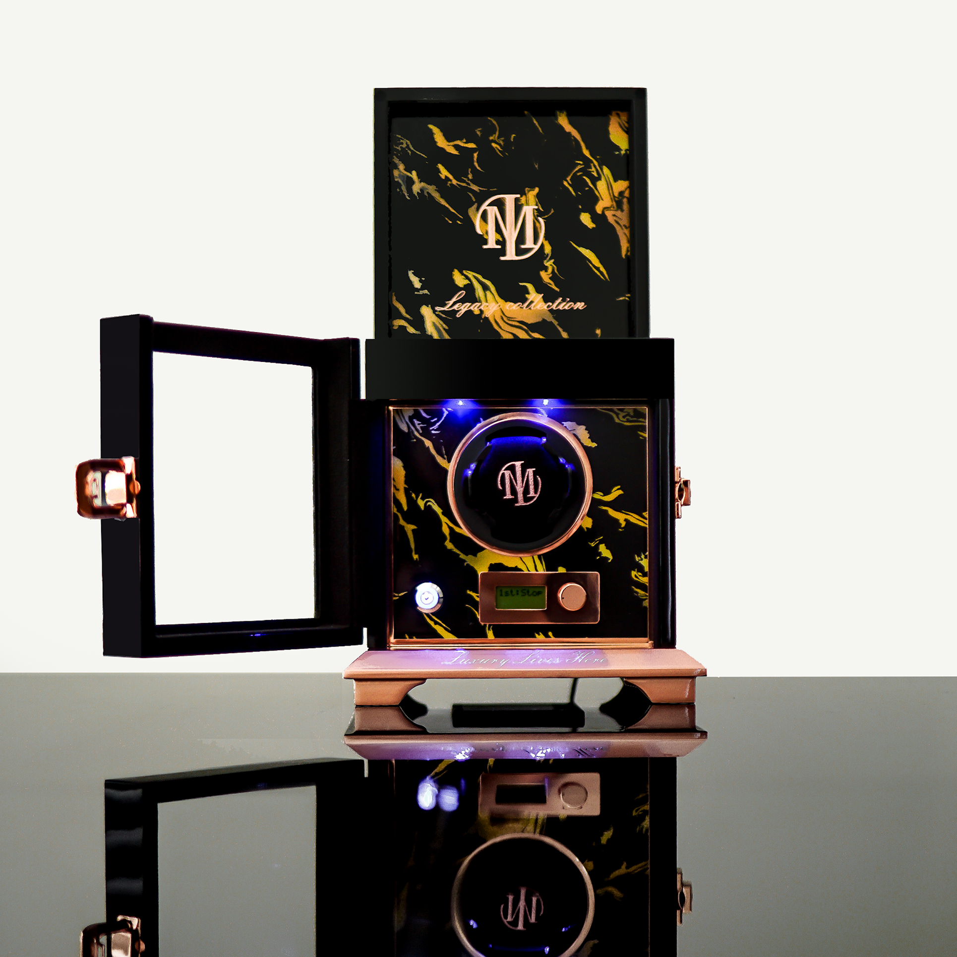 Single Watch Winder with a high gloss black finish and a glass door, showcasing its luxurious design and craftsmanship.