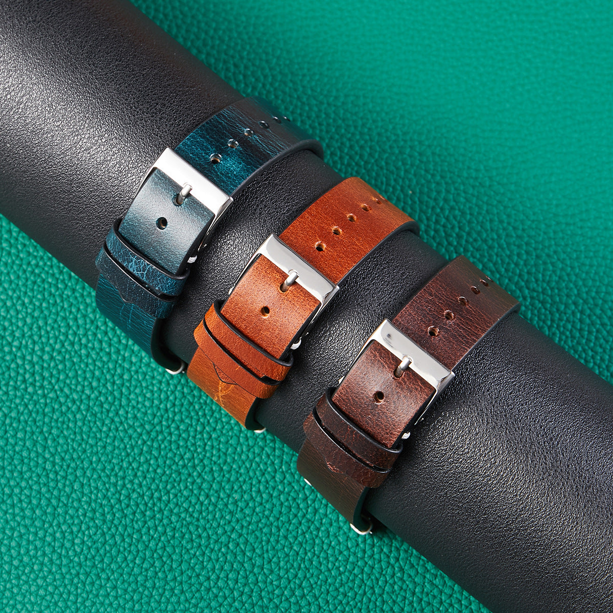 Six-color retro oil wax leather watch strap showcasing its unique discoloration and quick-release design, made from premium Italian cowhide.