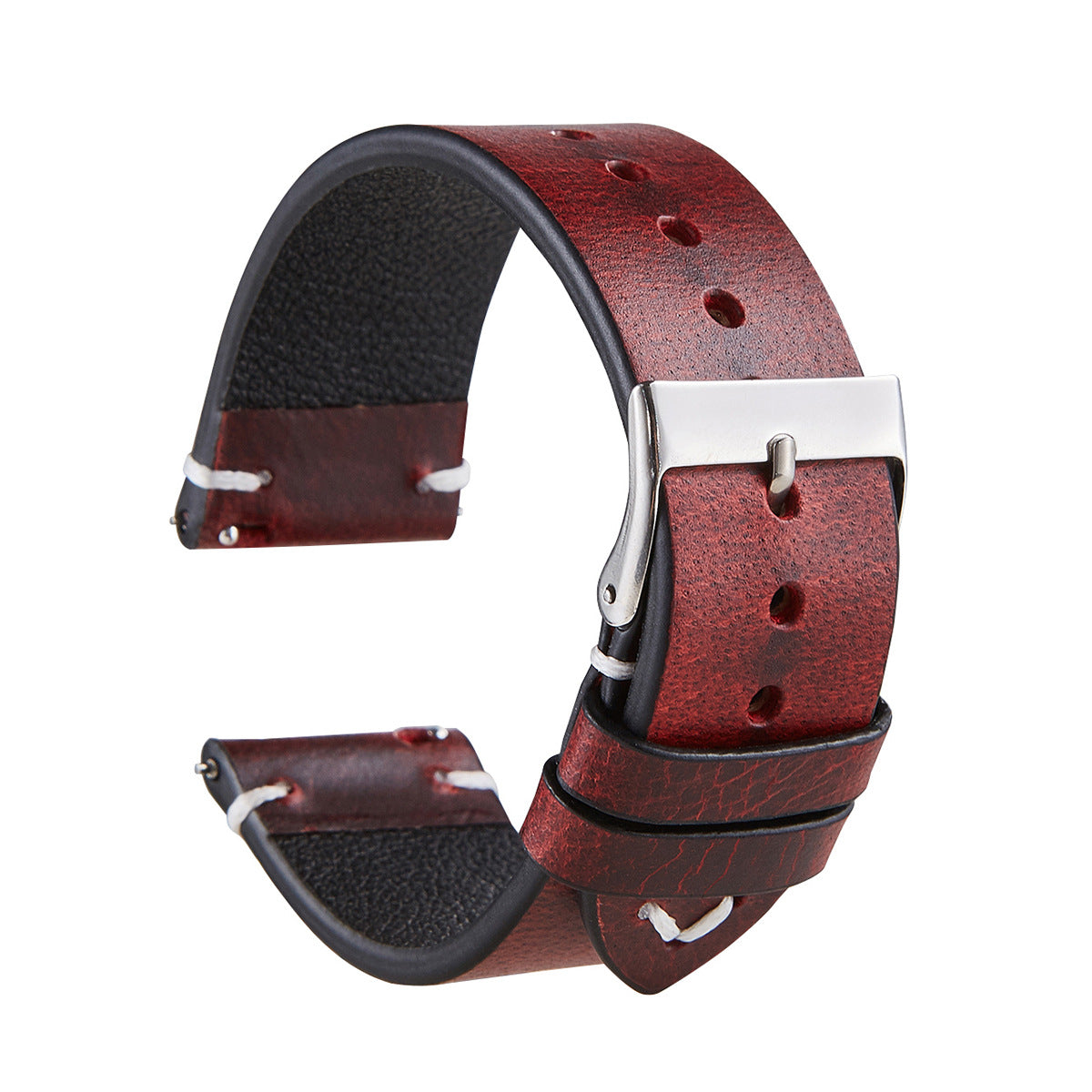 Six-color retro oil wax leather watch strap showcasing its unique discoloration and quick-release design, made from premium Italian cowhide.