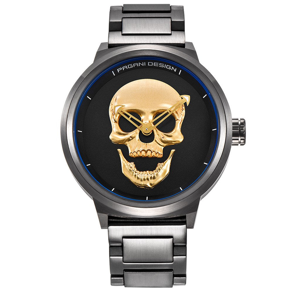 Skull Pattern Men's Quartz Watch showcasing a unique skull design on a stylish dial.