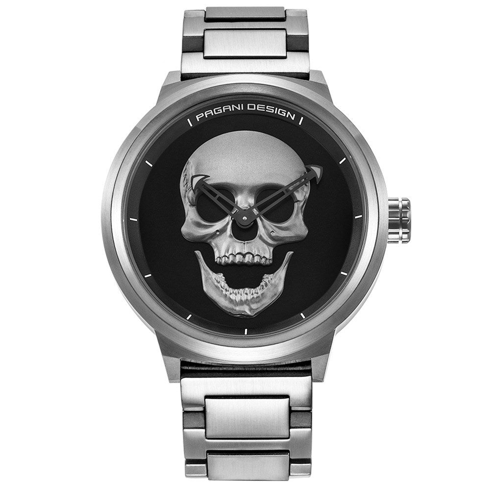 Skull Pattern Men's Quartz Watch showcasing a unique skull design on a stylish dial.