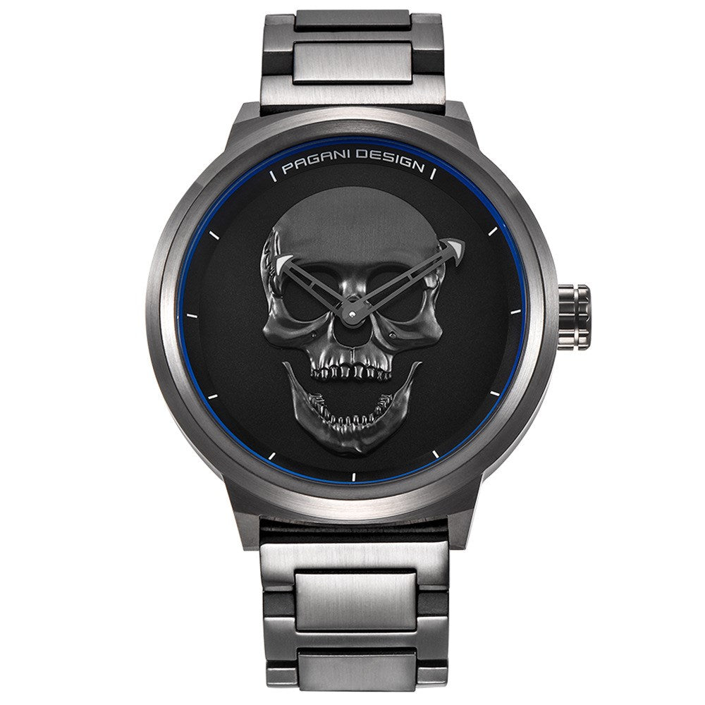 Skull Pattern Men's Quartz Watch showcasing a unique skull design on a stylish dial.