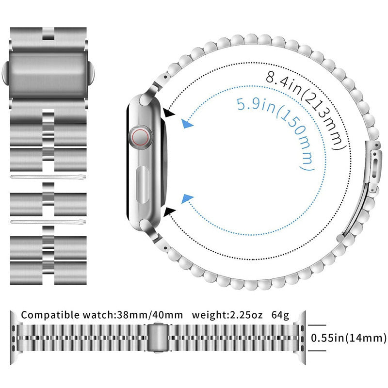 Small Semicircle Three-bead Watch Strap in black, silver, gold, and rose gold colors, showcasing its elegant design and stainless steel material.