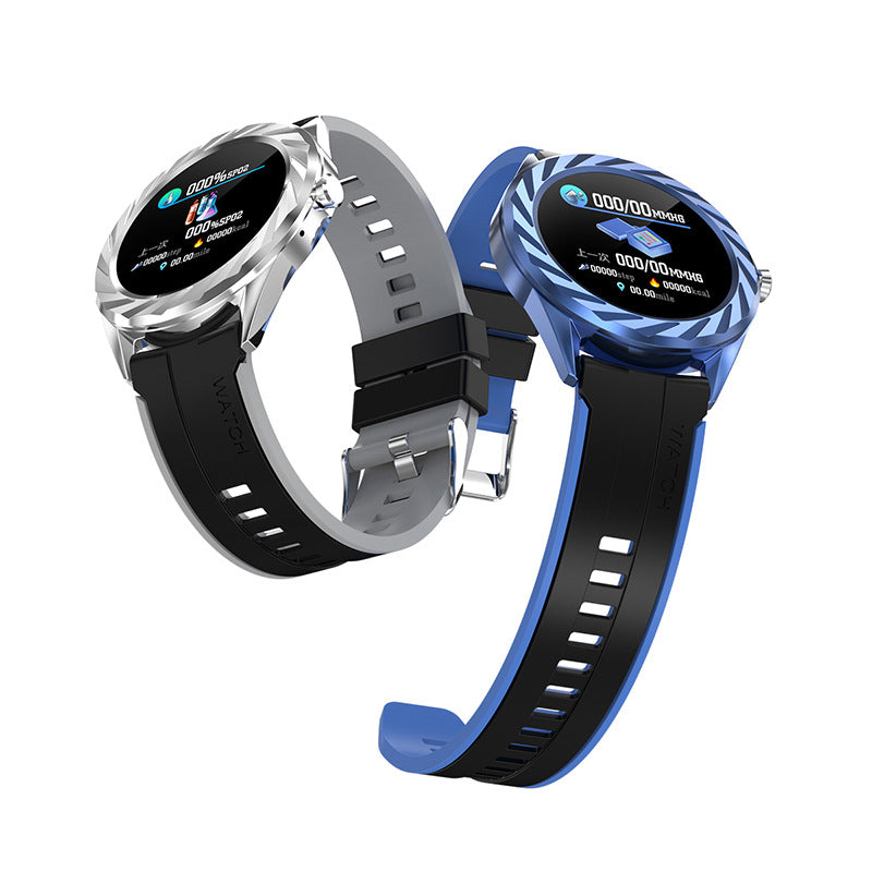 Smart Bracelet in blue color displaying health metrics like heart rate and blood pressure.