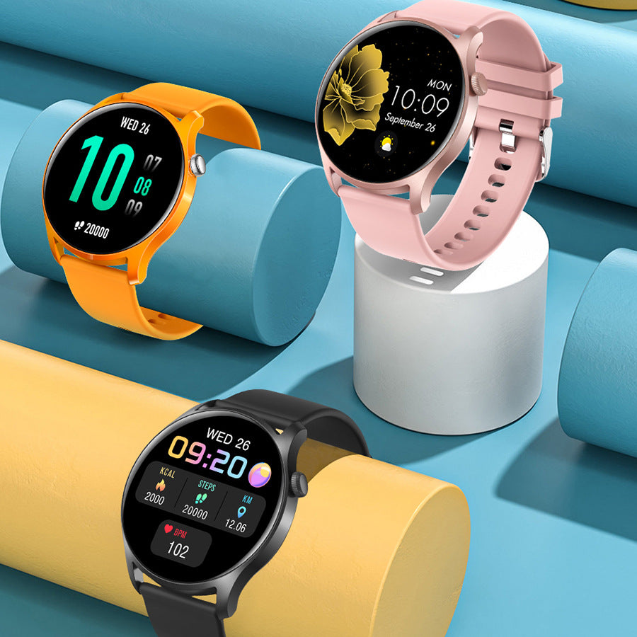 Smart Watch with Bluetooth, featuring a 1.3-inch display, heart rate and blood pressure monitoring, available in pink, black, gold, and silver.