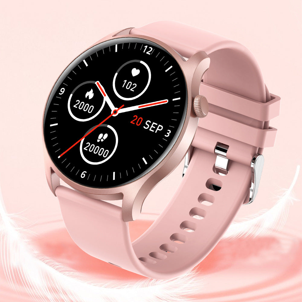 Smart Watch with Bluetooth, featuring a 1.3-inch display, heart rate and blood pressure monitoring, available in pink, black, gold, and silver.