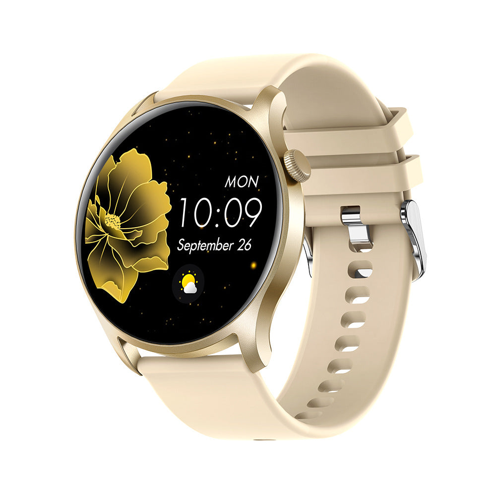 Smart Watch with Bluetooth, featuring a 1.3-inch display, heart rate and blood pressure monitoring, available in pink, black, gold, and silver.