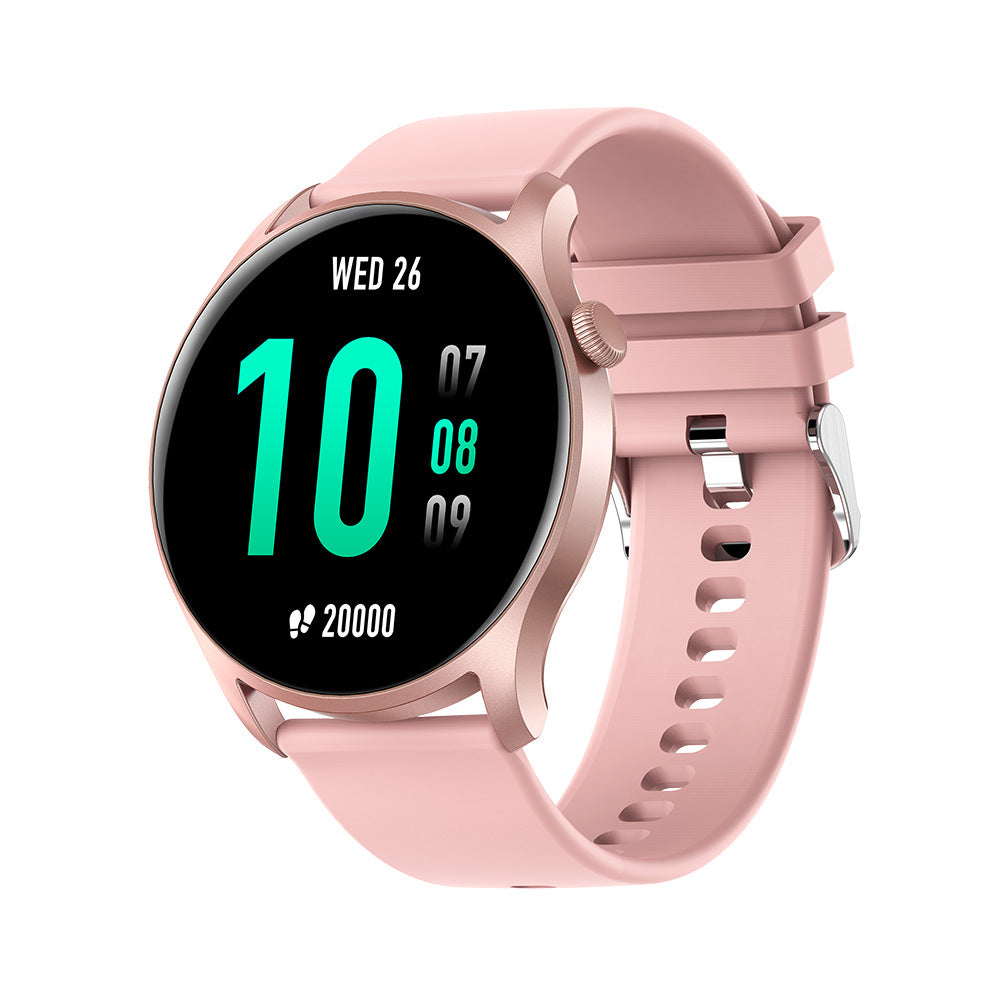 Smart Watch with Bluetooth, featuring a 1.3-inch display, heart rate and blood pressure monitoring, available in pink, black, gold, and silver.