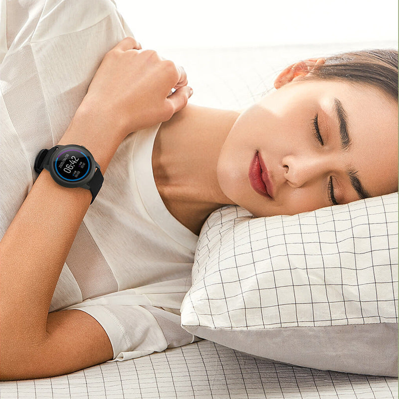 Smart Watch with Heart Rate and Sleep Monitor featuring a round dial, silicone band, and a clear TFT display.