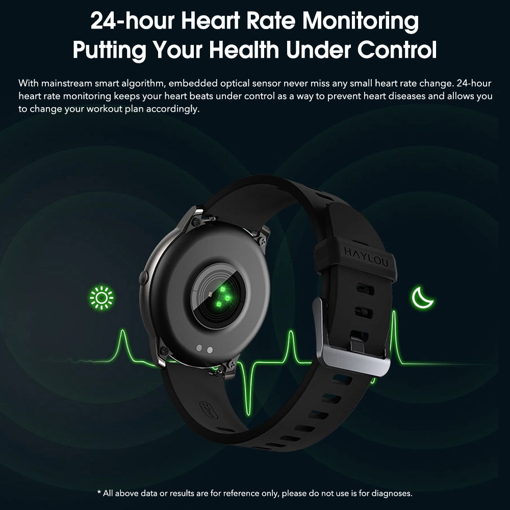 Smart Watch with Heart Rate and Sleep Monitor featuring a round dial, silicone band, and a clear TFT display.