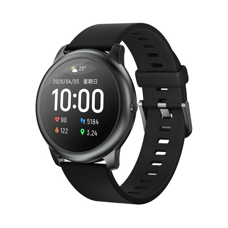 Smart Watch with Heart Rate and Sleep Monitor featuring a round dial, silicone band, and a clear TFT display.