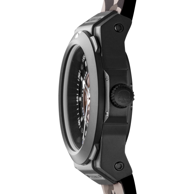 Sportivo Black Brown Camo watch featuring a black ionic plated steel case and camouflage patterned dial and strap.