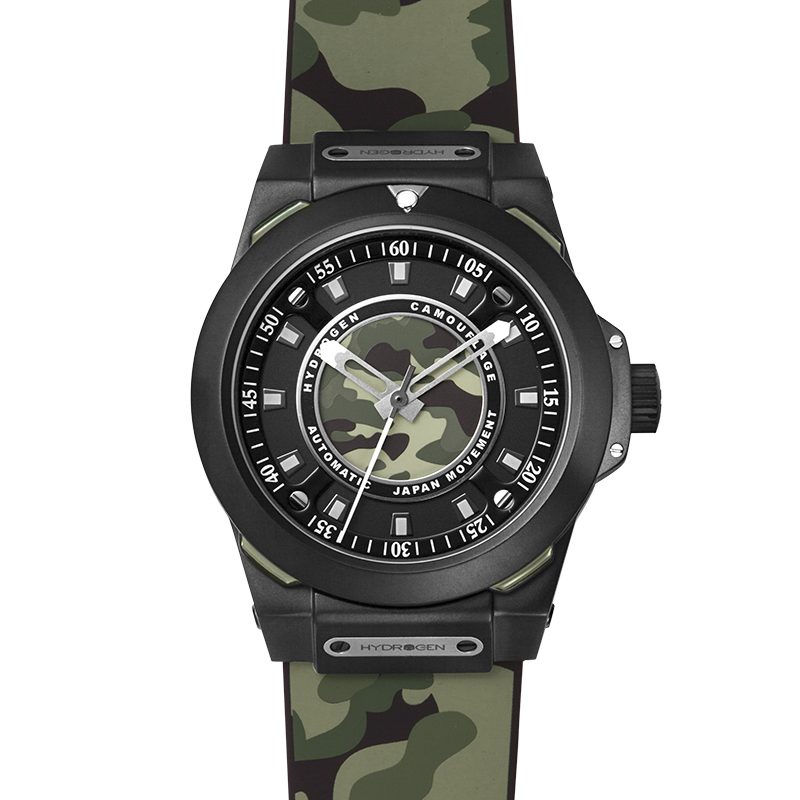 Sportivo Green Black Camo watch with black ionic plated steel case and camouflage dial and strap.