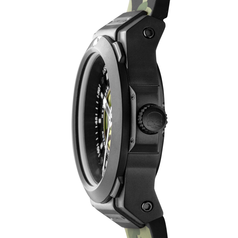 Sportivo Green Black Camo watch with black ionic plated steel case and camouflage dial and strap.