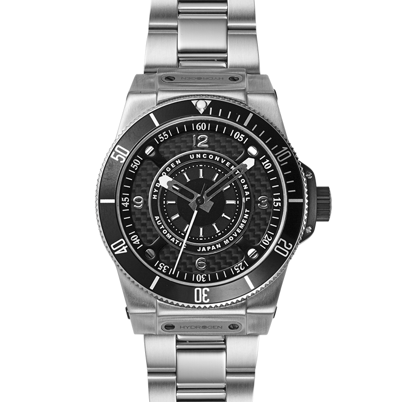 Sportivo Silver Black Bracelet showcasing a classic steel and black design with a dive function bezel and black dial.