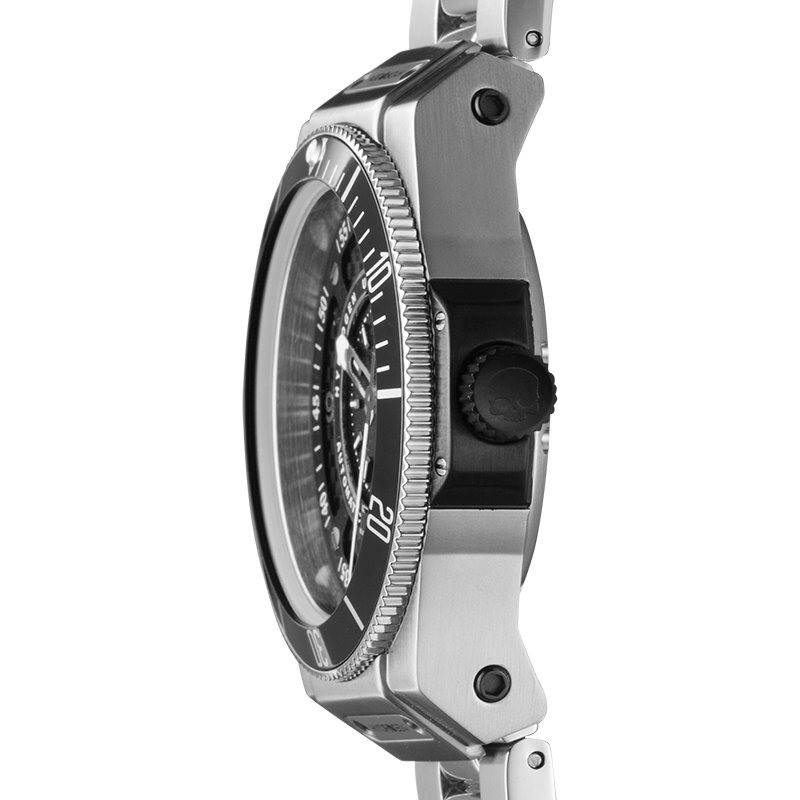 Sportivo Silver Black Bracelet showcasing a classic steel and black design with a dive function bezel and black dial.