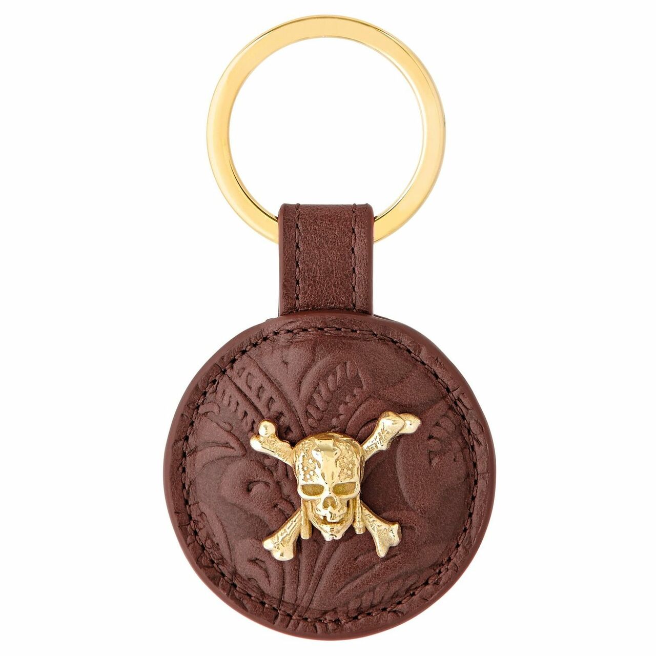 S.T. Dupont Pirates of the Caribbean embossed brown cowhide leather key ring featuring a gold skull and crossbones design.