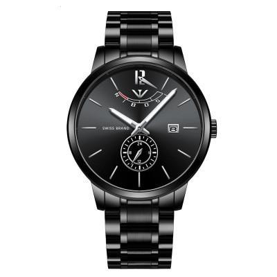 A stylish stainless steel quartz watch for men with a round dial and pin buckle, showcasing its elegant design and durable materials.