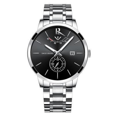 A stylish stainless steel quartz watch for men with a round dial and pin buckle, showcasing its elegant design and durable materials.