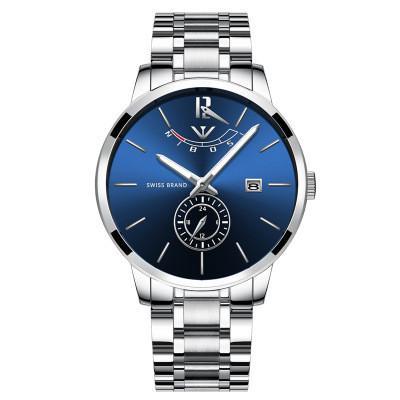 A stylish stainless steel quartz watch for men with a round dial and pin buckle, showcasing its elegant design and durable materials.