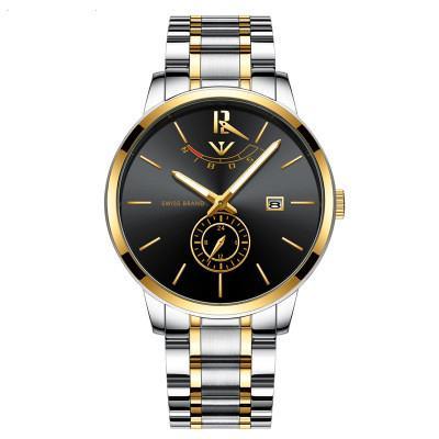 A stylish stainless steel quartz watch for men with a round dial and pin buckle, showcasing its elegant design and durable materials.