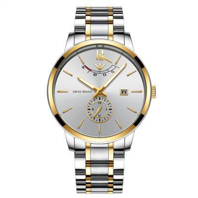 A stylish stainless steel quartz watch for men with a round dial and pin buckle, showcasing its elegant design and durable materials.