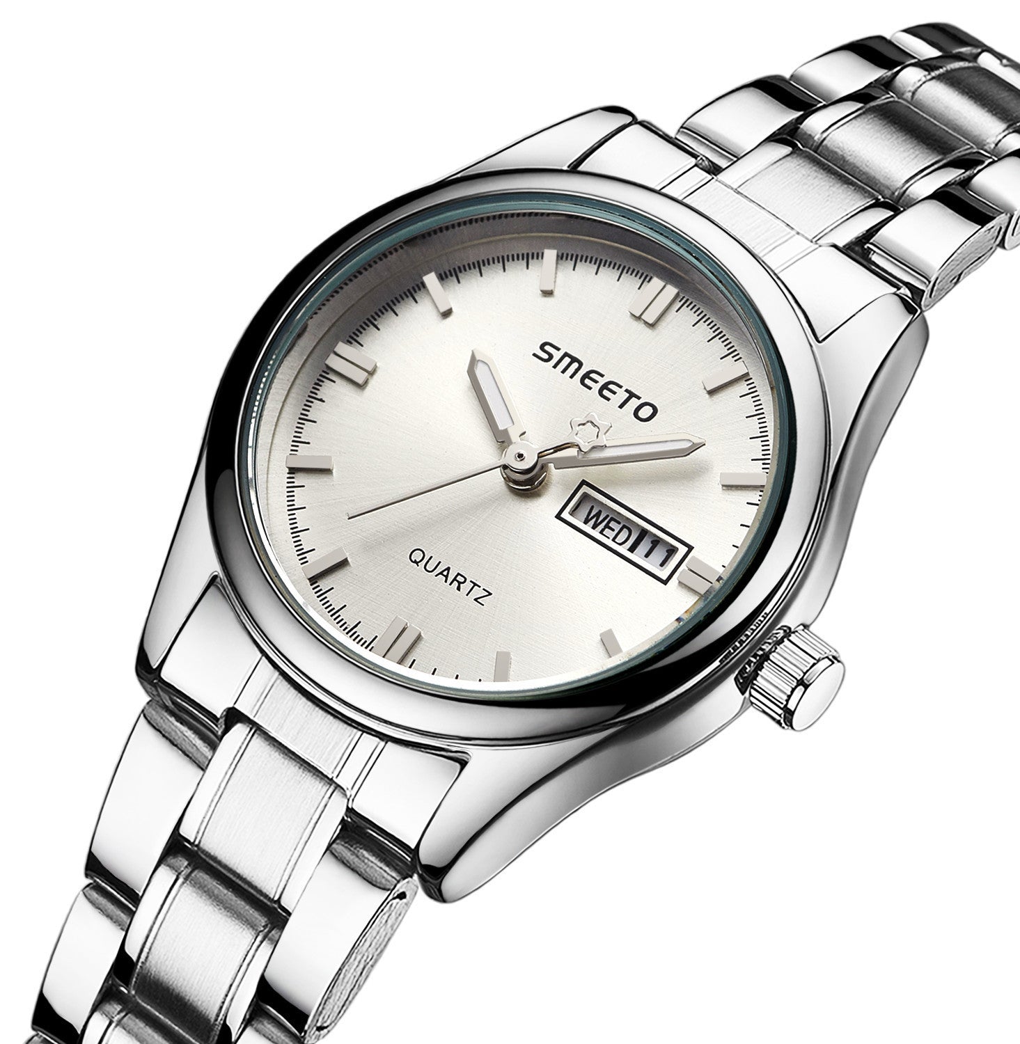 A stylish stainless steel strap watch designed for office ladies, featuring a sleek design and a clear pointer display.