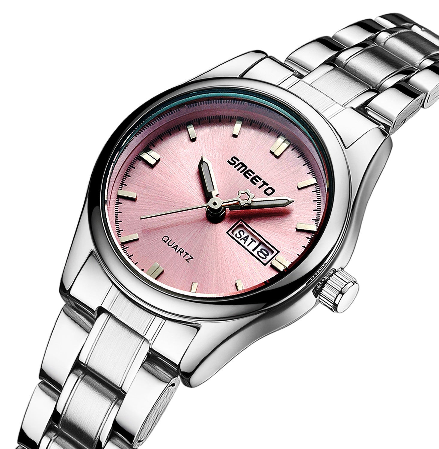 A stylish stainless steel strap watch designed for office ladies, featuring a sleek design and a clear pointer display.