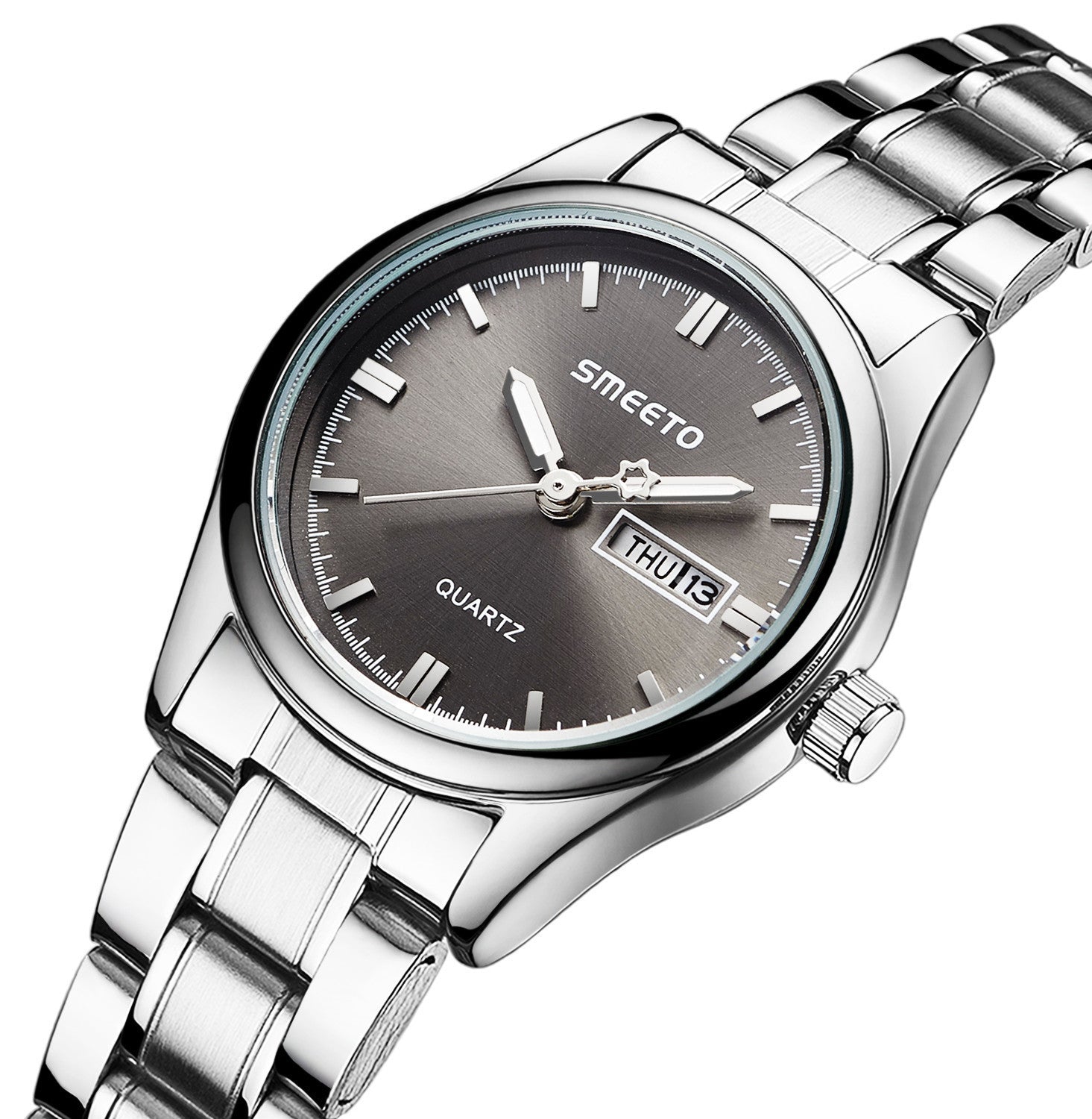 A stylish stainless steel strap watch designed for office ladies, featuring a sleek design and a clear pointer display.