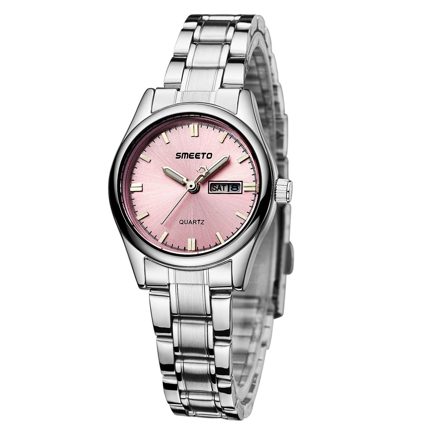 A stylish stainless steel strap watch designed for office ladies, featuring a sleek design and a clear pointer display.