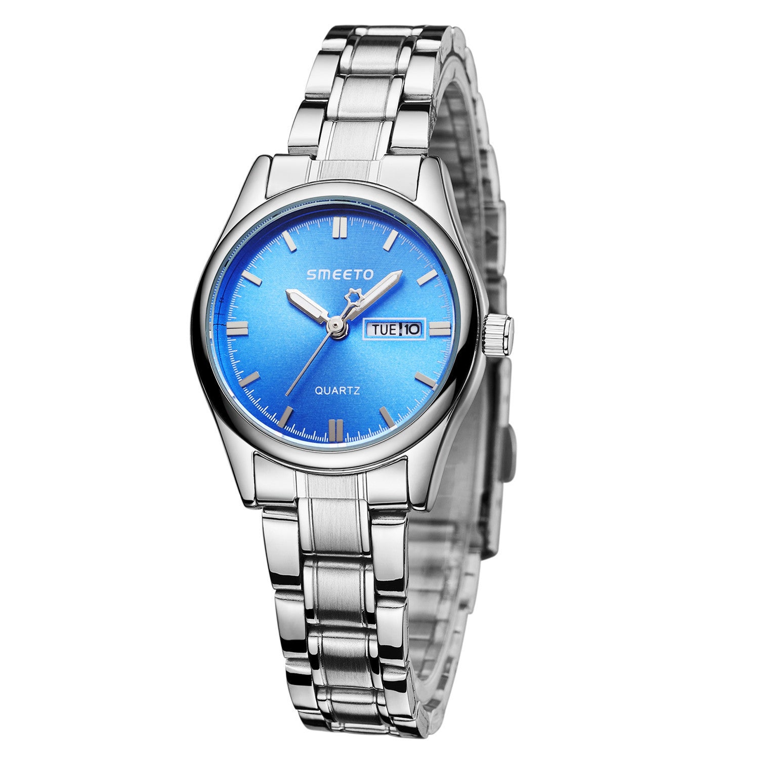 A stylish stainless steel strap watch designed for office ladies, featuring a sleek design and a clear pointer display.