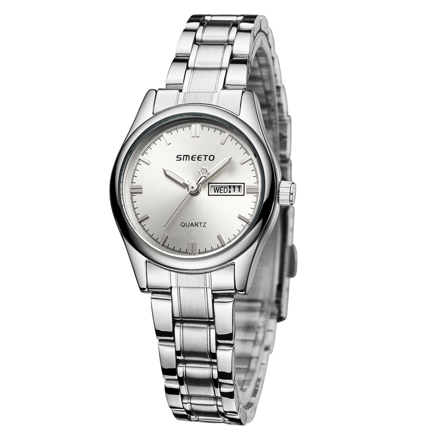 A stylish stainless steel strap watch designed for office ladies, featuring a sleek design and a clear pointer display.