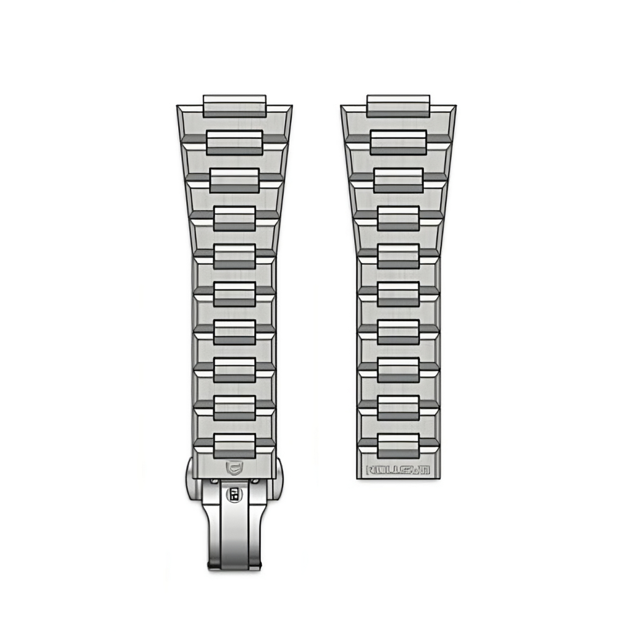 A sleek stainless steel watch band designed for Nomad watches, showcasing its polished finish and adjustable links.