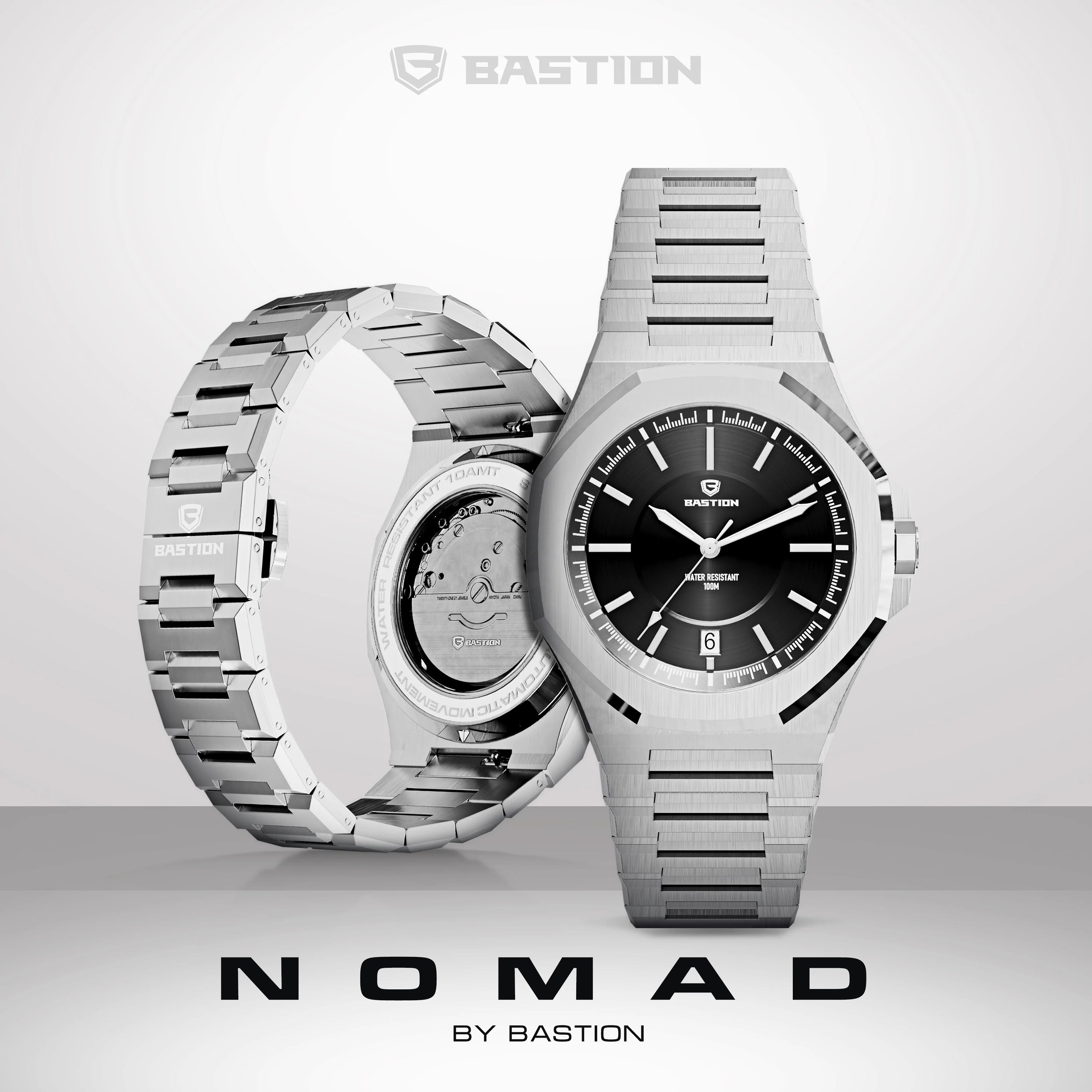 A sleek stainless steel watch band designed for Nomad watches, showcasing its polished finish and adjustable links.