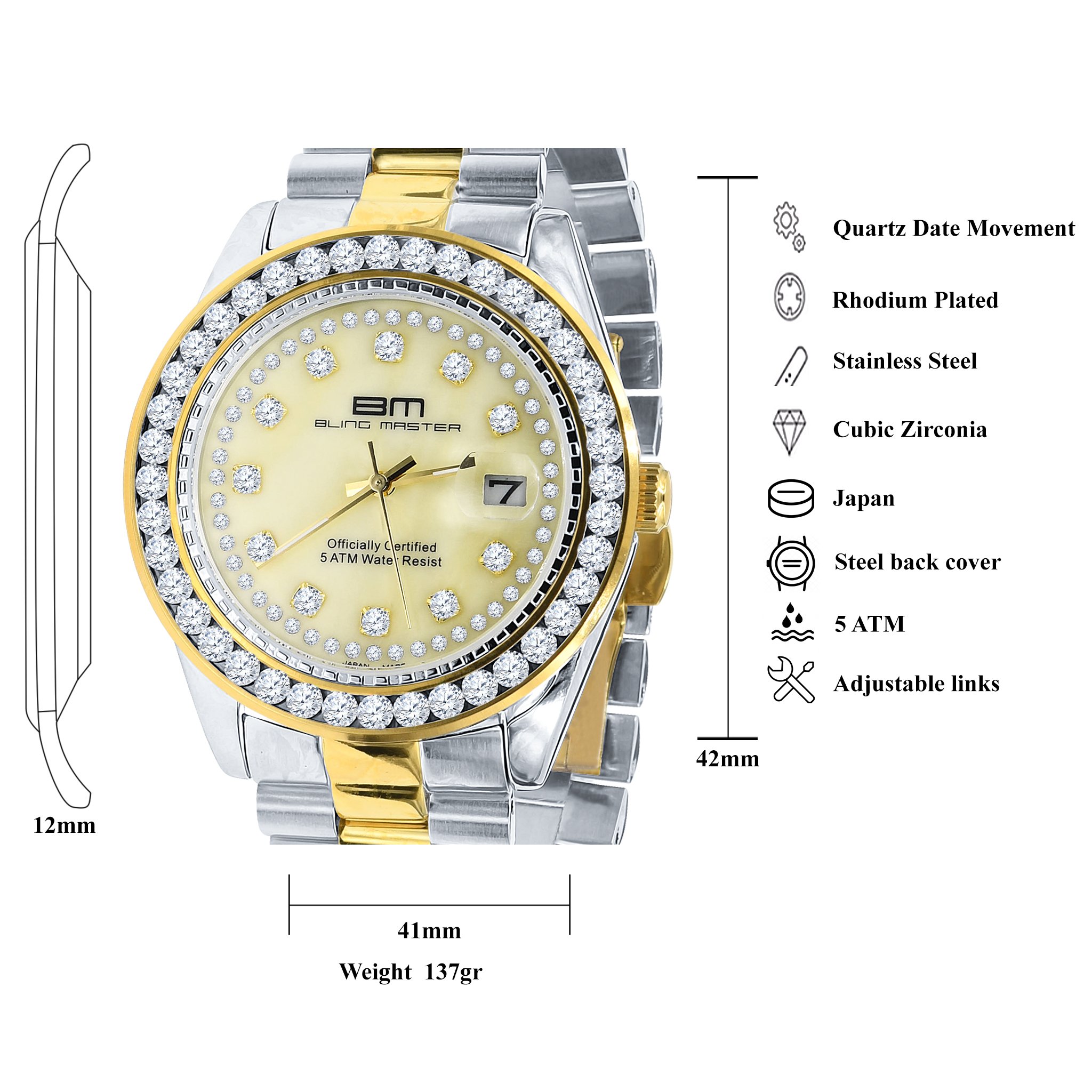 STEALTH Steel Watch featuring a diamond-studded bezel and gold texture, showcasing luxury and elegance.