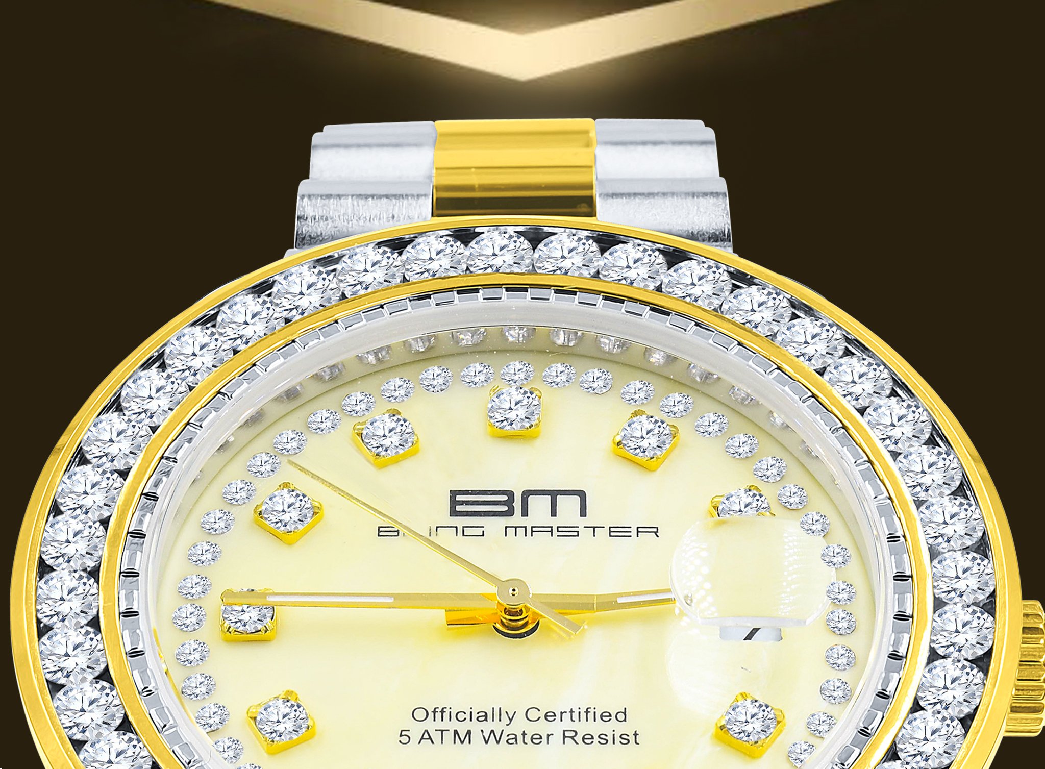 STEALTH Steel Watch featuring a diamond-studded bezel and gold texture, showcasing luxury and elegance.