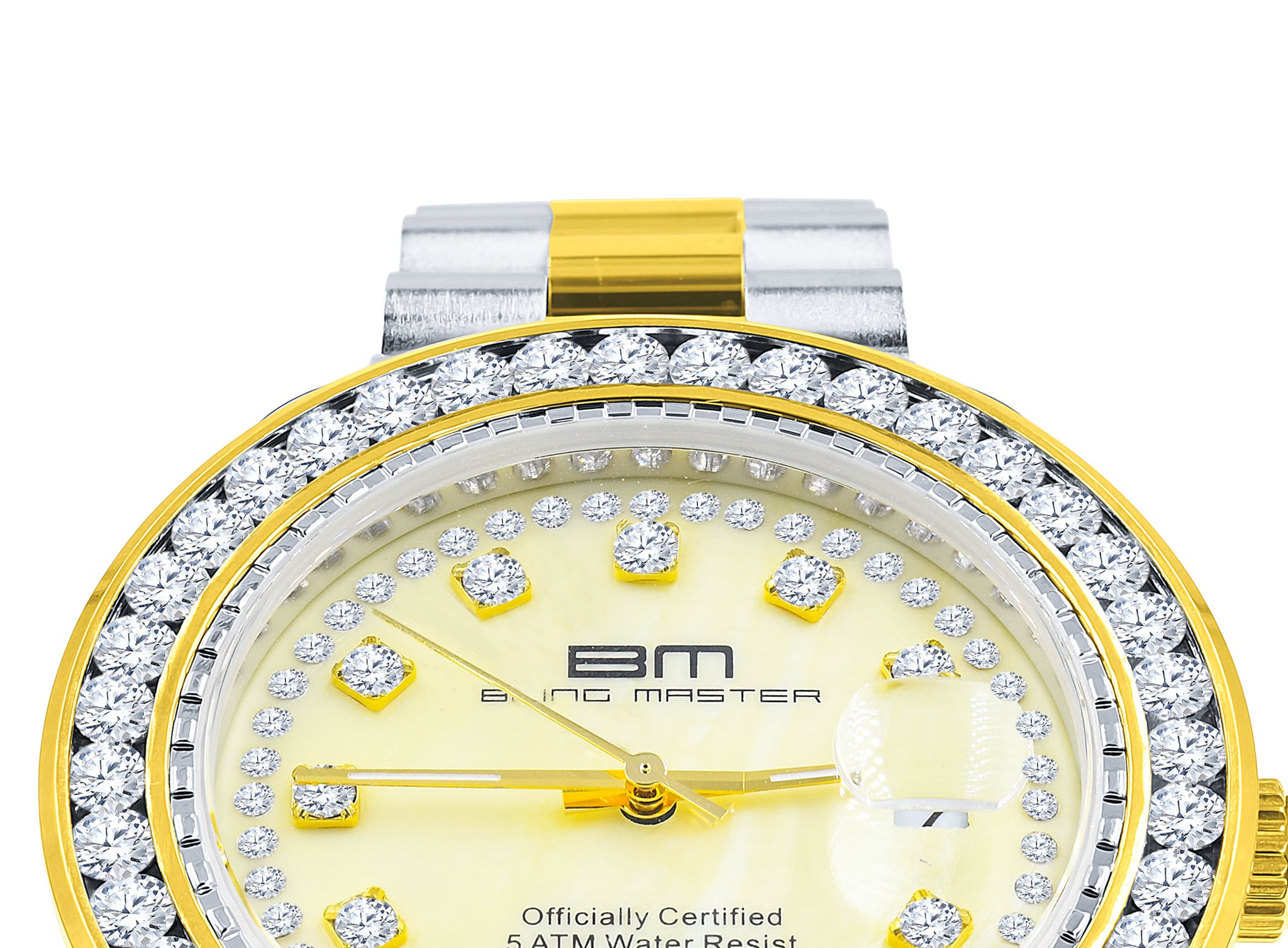 STEALTH Steel Watch featuring a diamond-studded bezel and gold texture, showcasing luxury and elegance.