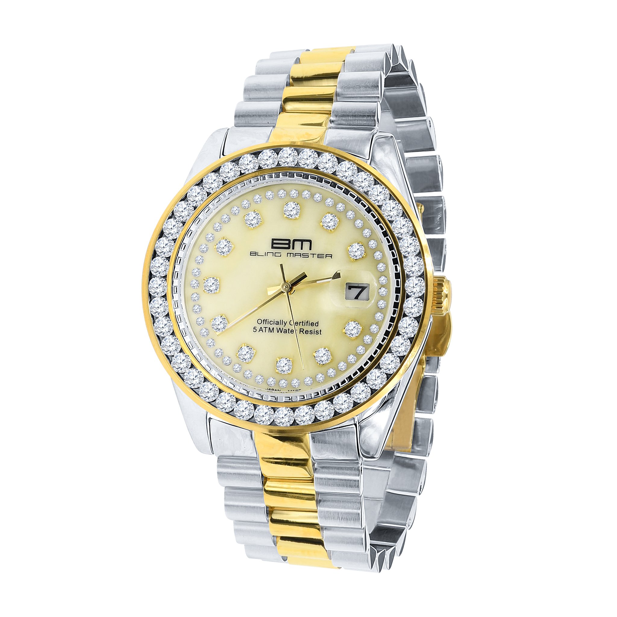 STEALTH Steel Watch featuring a diamond-studded bezel and gold texture, showcasing luxury and elegance.