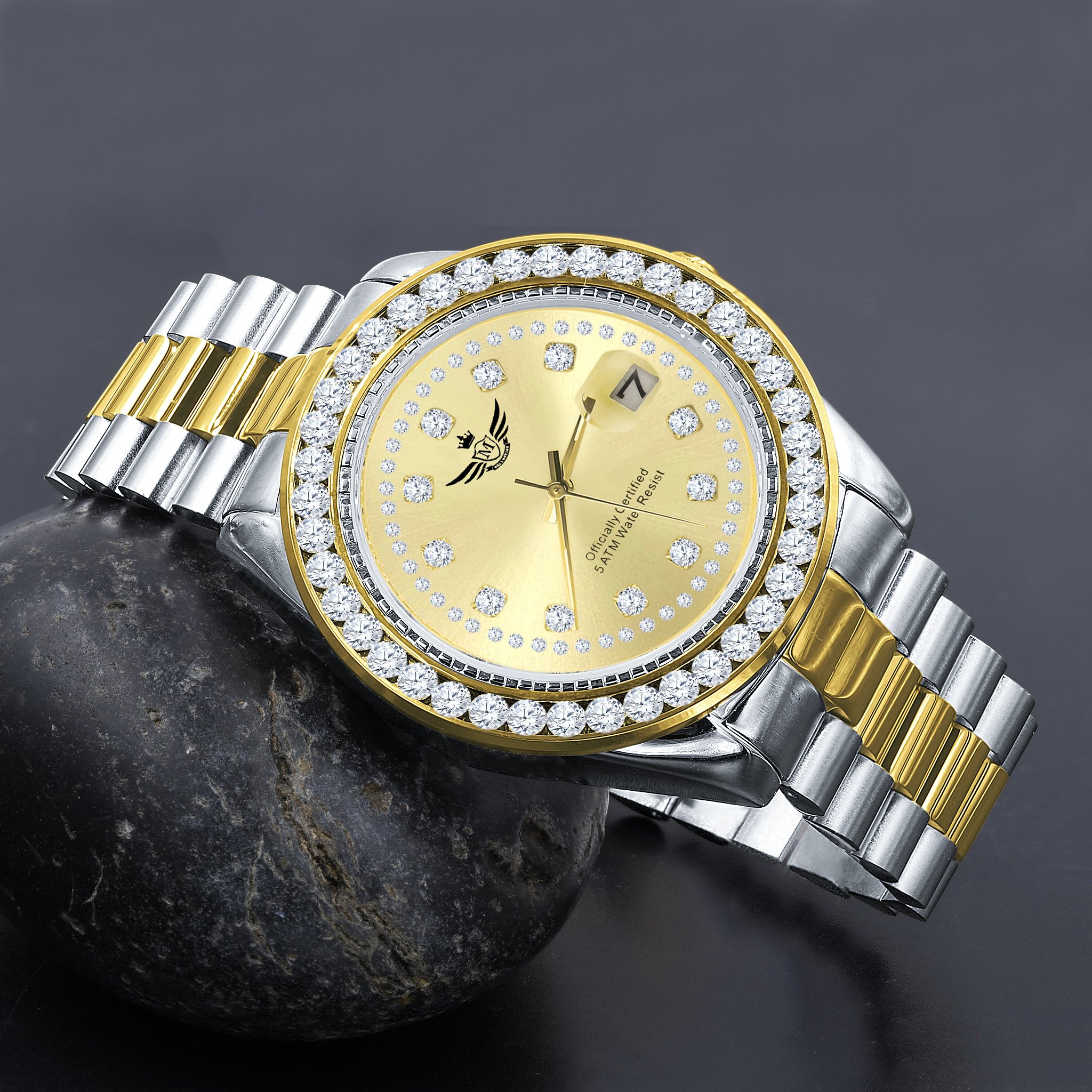 The STEALTH Steel Watch featuring a gold texture and 12 diamond-studded bezel, showcasing luxury and elegance.