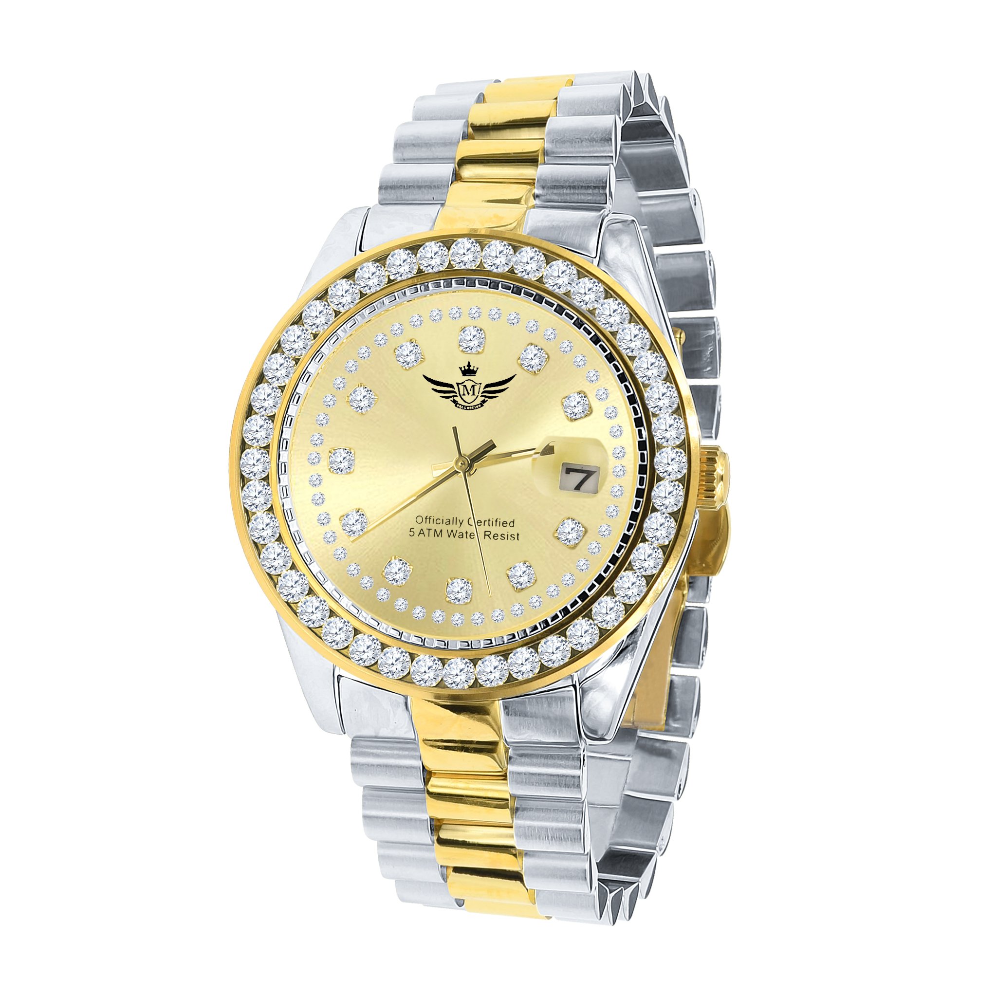 The STEALTH Steel Watch featuring a gold texture and 12 diamond-studded bezel, showcasing luxury and elegance.