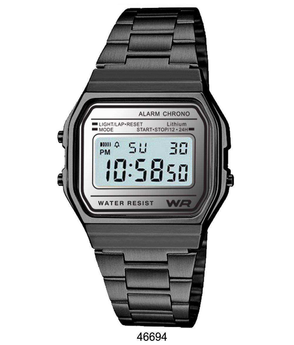 Stokfoss Black Sports Metal Band Watch with silver LCD display and stainless steel band.