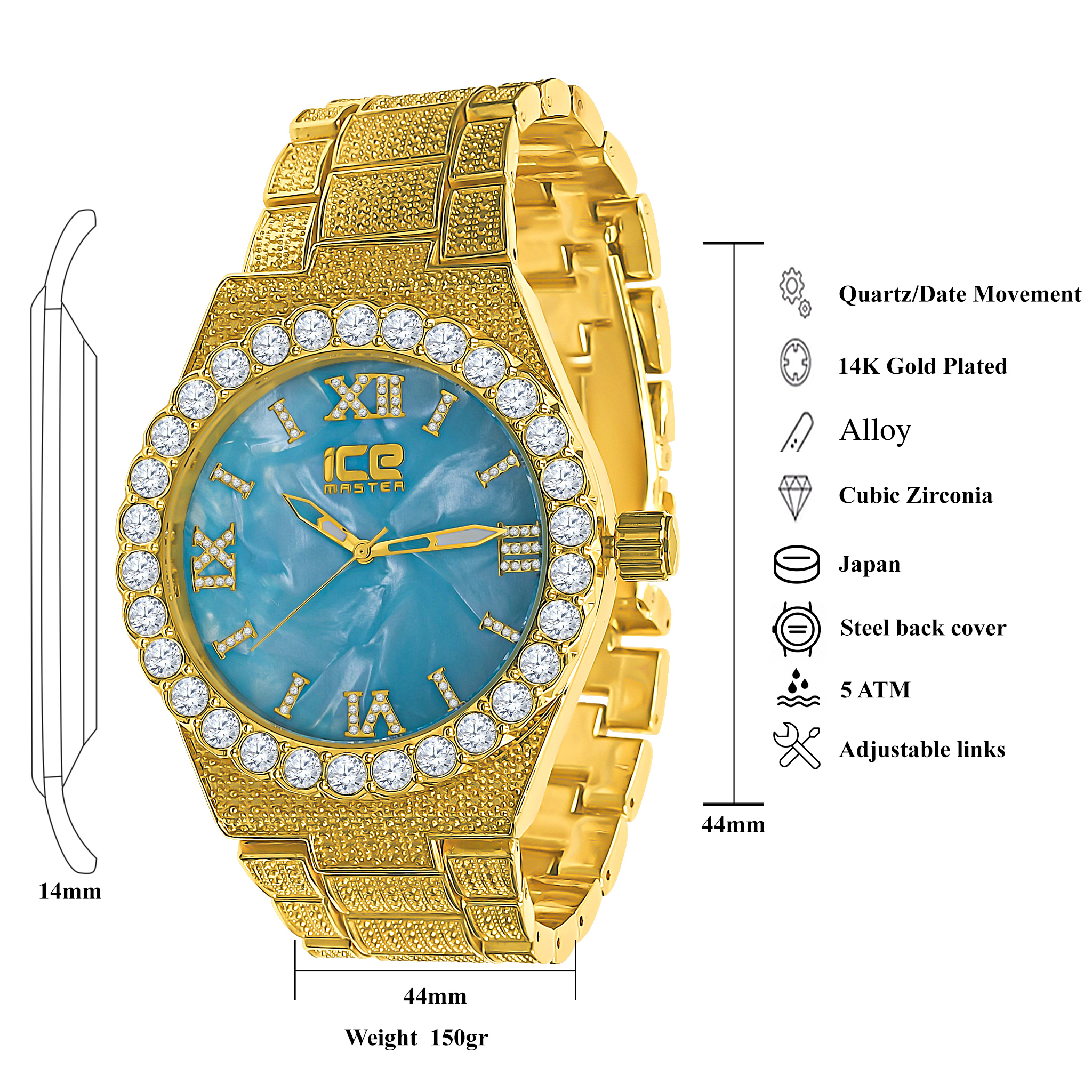 Stylish STYLIN Hip Hop Metal Watch featuring Roman numeral hour indicators and a dazzling CZ stone bezel.