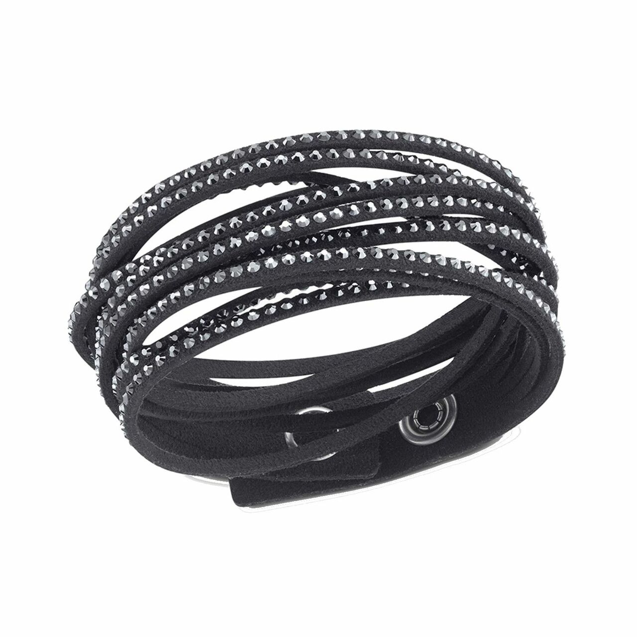 Swarovski 1179237 Slake Black Rhodium-Plated Women's Crystal Wrap Bracelet featuring Jet Hematite crystals on a black microfiber band.