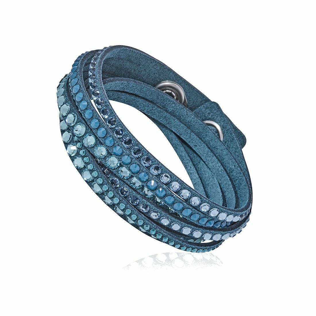 Swarovski 5043496 Slake Blue Alcantara Women's Crystal Accented Wrap Deluxe Bracelet featuring Jet Hematite crystals and adjustable snap buttons.